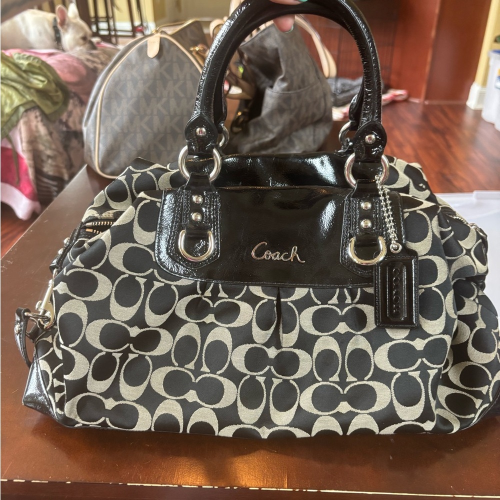 Coach Black and Cream Satchel with Signature Design
